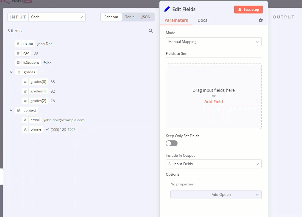 A gif showing the drag and drop action, as well as changing a field to fixed